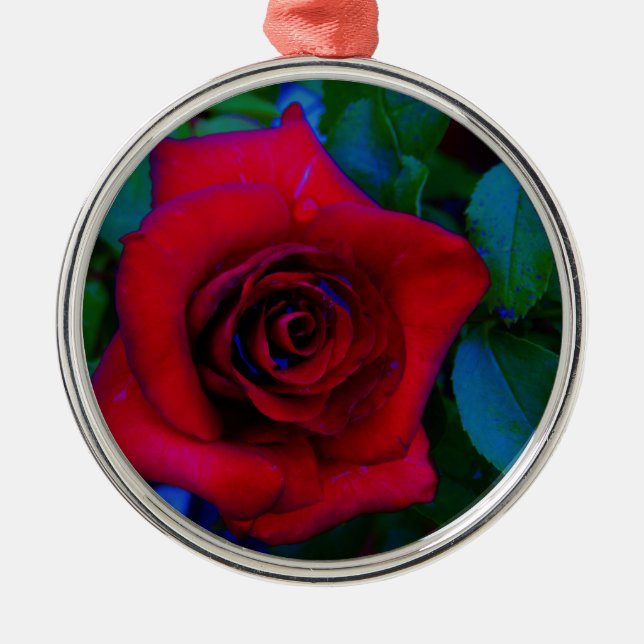 Red Roses with blue tones Metal Tree Decoration (Front)
