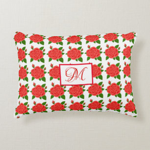 Red Roses with Buds Monogram Accent Pillow