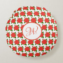 Red Roses with Buds Monogram Round Pillow