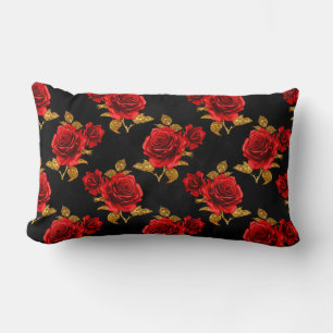Red Roses with Gold Leaves Lumbar Cushion