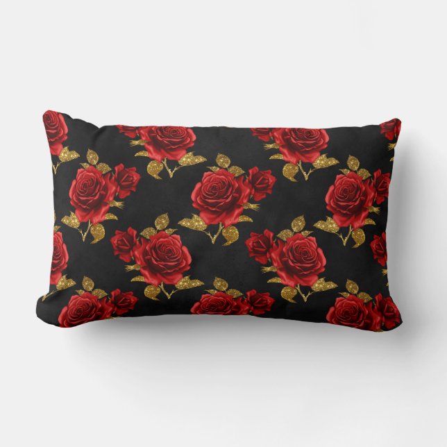 Red Roses with Gold Leaves Lumbar Cushion (Front)