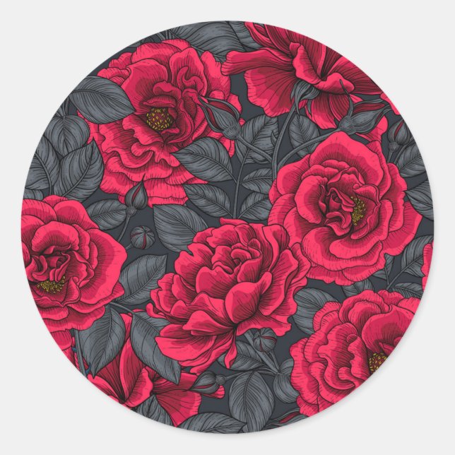 Red roses with gray leaves on black classic round sticker (Front)