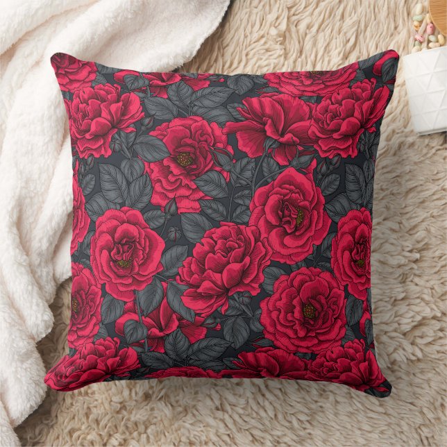 Red roses with gray leaves on black cushion (Blanket)