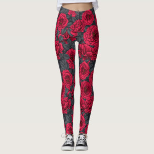 Red roses with gray leaves on black leggings