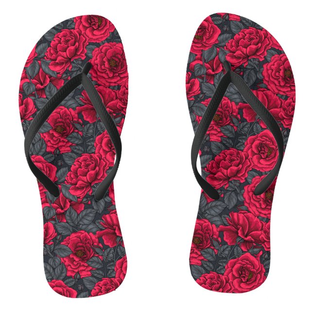 Red roses with gray leaves on black thongs (Footbed)