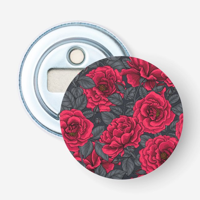 Red roses with grey leaves on black bottle opener (Front)