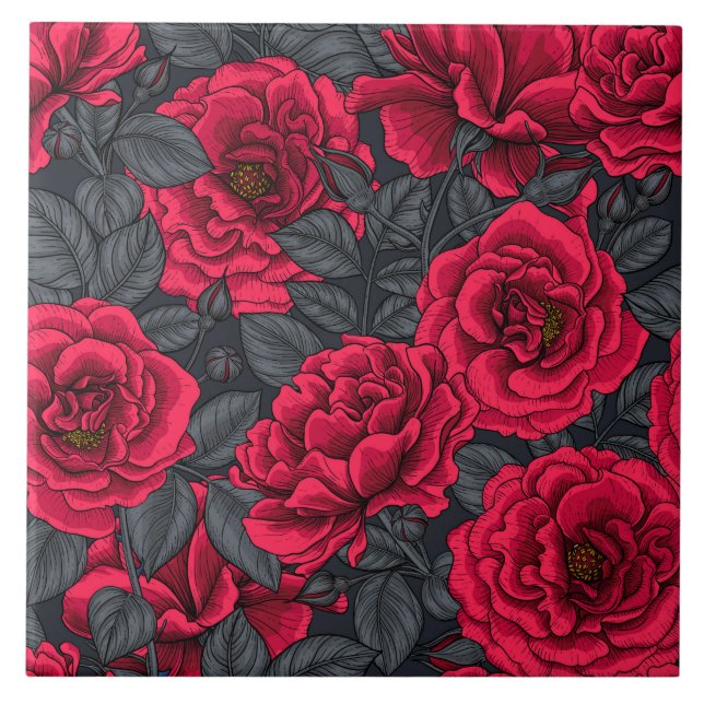 Red roses with grey leaves on black ceramic tile (Front)