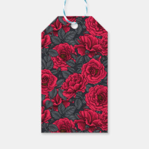 Red roses with grey leaves on black gift tags