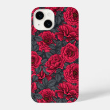 Red roses with grey leaves on black