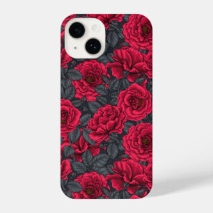 Red roses with grey leaves on black iPhone 14 case