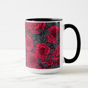 Red roses with grey leaves on black mug