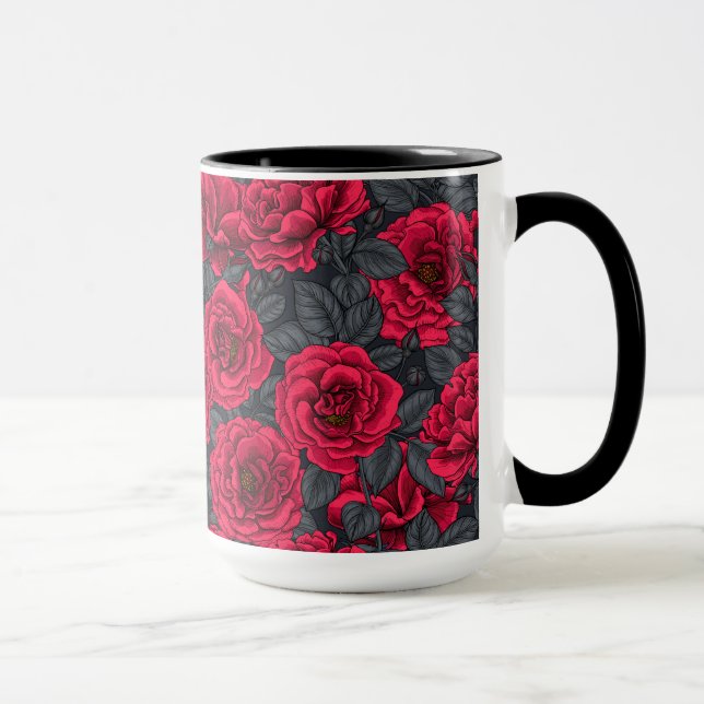 Red roses with grey leaves on black mug (Right)