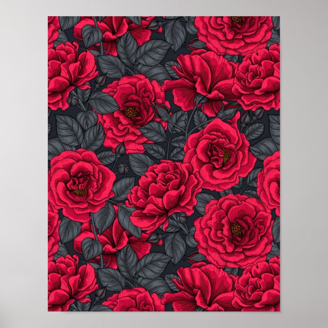 Red roses with grey leaves on black poster (Front)