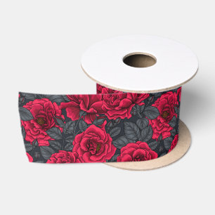 Red roses with grey leaves on black satin ribbon