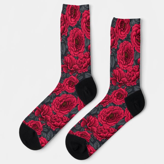Red roses with grey leaves on black socks (Left)