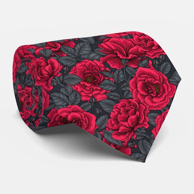 Red roses with grey leaves on black tie (Rolled)