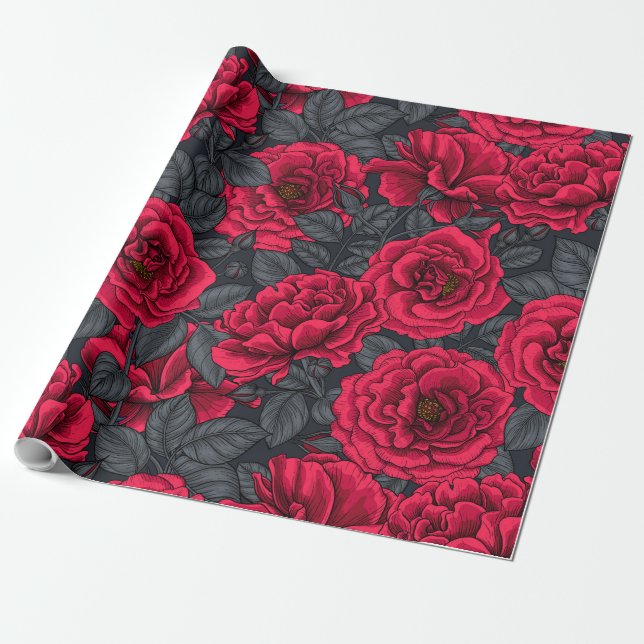 Red roses with grey leaves on black wrapping paper (Unrolled)
