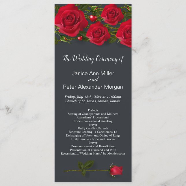 Red roses with hearts on grey Wedding Program (Front)