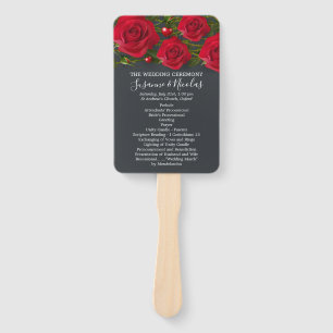 Red roses with hearts on grey Wedding program Hand Fan