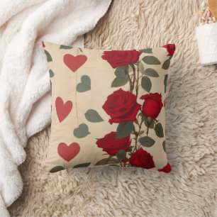 Red Roses with Hearts Pattern Romantic Cushion