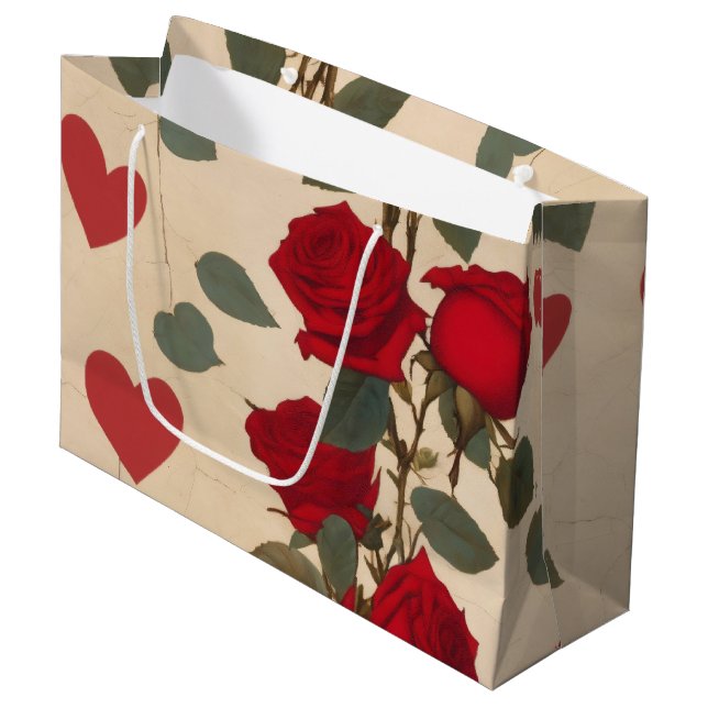 Red Roses with Hearts Pattern Romantic Large Gift Bag (Front Angled)