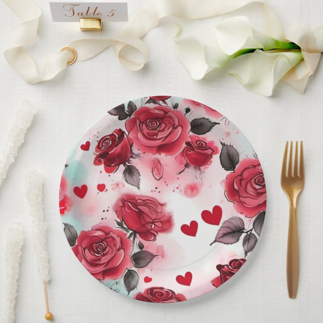 Red Roses with Hearts Pattern Romantic Paper Plate (Wedding)
