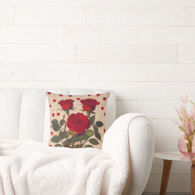 Red Roses with Hearts Valentine Romantic Cushion (Couch)