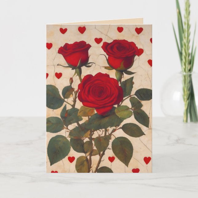 Red Roses with Hearts Valentine Romantic Note Card (Front)