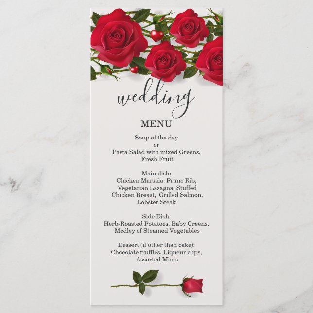 Red roses with hearts Wedding Menu  Rack Card (Front)