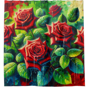 “Red Roses with Raindrops" Shower Curtain