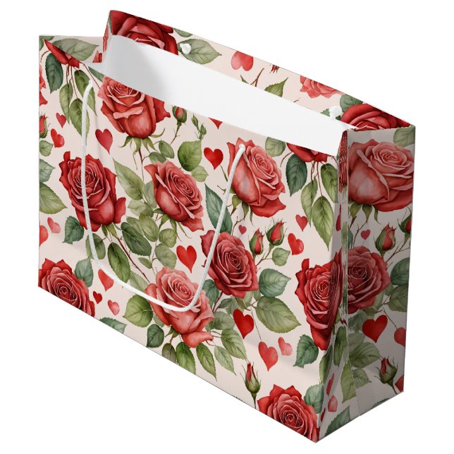 Red Roses with Valentine Hearts Pattern Romantic Large Gift Bag (Front Angled)