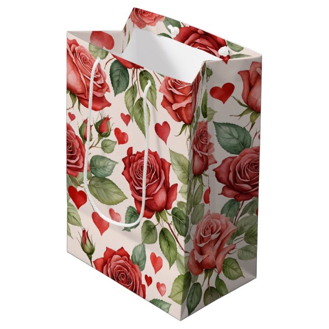 Red Roses with Valentine Hearts Pattern Romantic Medium Gift Bag (Front Angled)