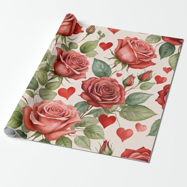 Red Roses with Valentine Hearts Pattern Romantic Wrapping Paper (Unrolled)