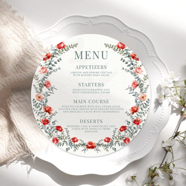 Red roses wreath greenery round Menu Card Plate (Creator Uploaded)