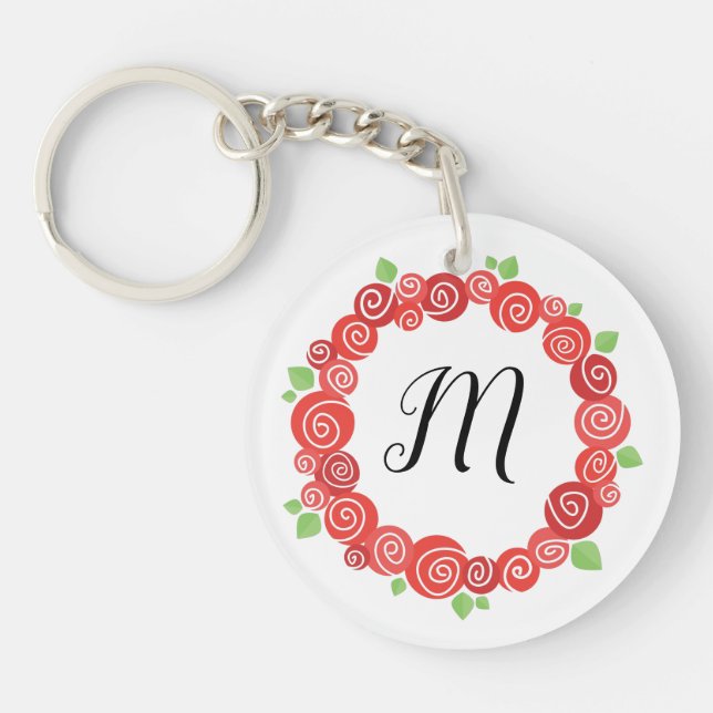 Red roses wreath monogram spring blossom key ring (Front)