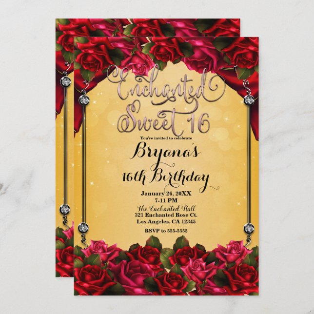 Red Roses Yellow & Gold Pink Sweet 16 16th Party   Invitation (Front/Back)