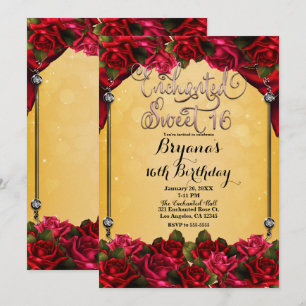 Red Roses Yellow & Gold Pink Sweet 16 16th Party   Invitation