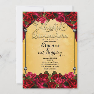 Red Roses Yellow & Gold Quinceañera 15th Party  Invitation