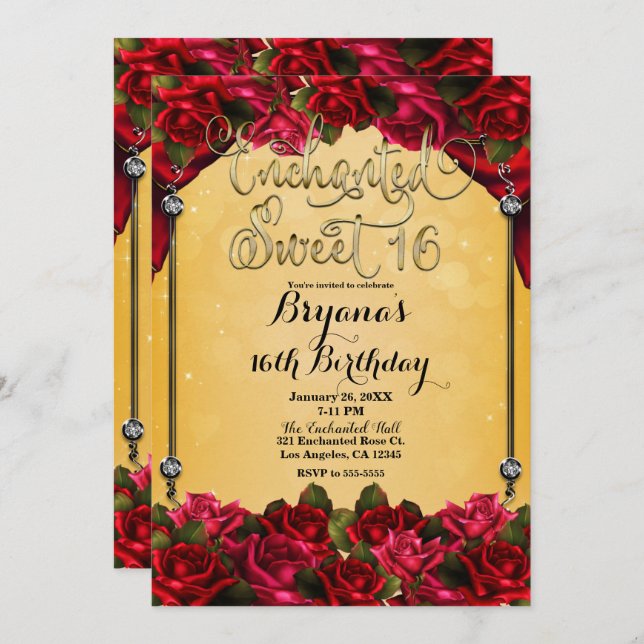 Red Roses Yellow & Gold Sweet 16 16th Party  Invitation (Front/Back)