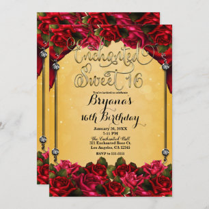 Red Roses Yellow & Gold Sweet 16 16th Party  Invitation