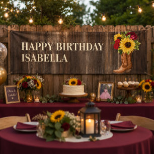 Red Roses Yellow Sunflowers Boots Wood Birthday Banner