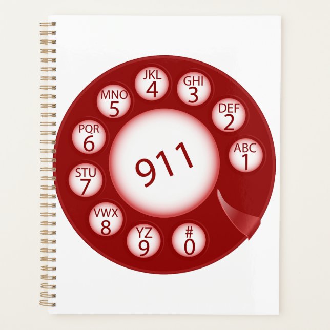 Red Rotary Phone Dial 911 Emergency Number Planner (Front)