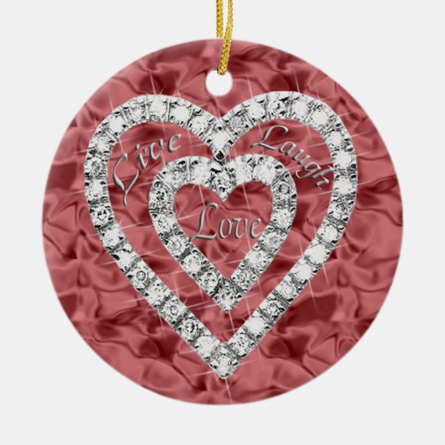 Red Round Live Laugh Love Diamond Heart Ornament (Front)