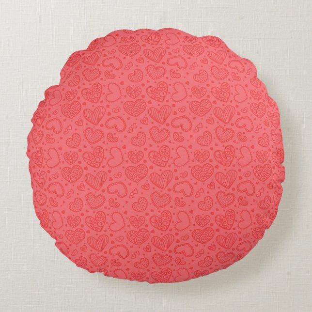 Red Round Pillow with Hearts (Front)