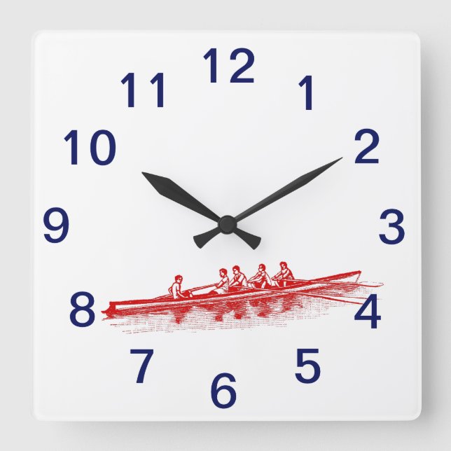 Red Rowing Rowers Crew Team Water Sports Square Wall Clock (Front)