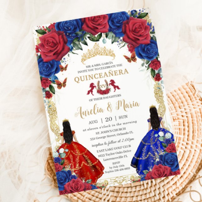 Red Royal Blue Floral Girls Twins Quinceañera XV Invitation (Creator Uploaded)