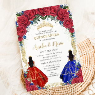 Red Royal Blue Floral Girls Twins Quinceañera XV Invitation