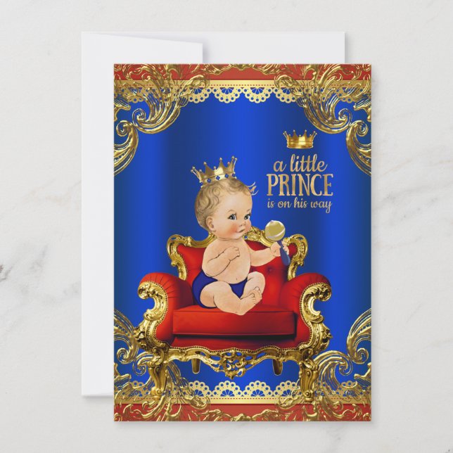 Red Royal Blue Gold Chair Prince Baby Shower Invitation (Front)