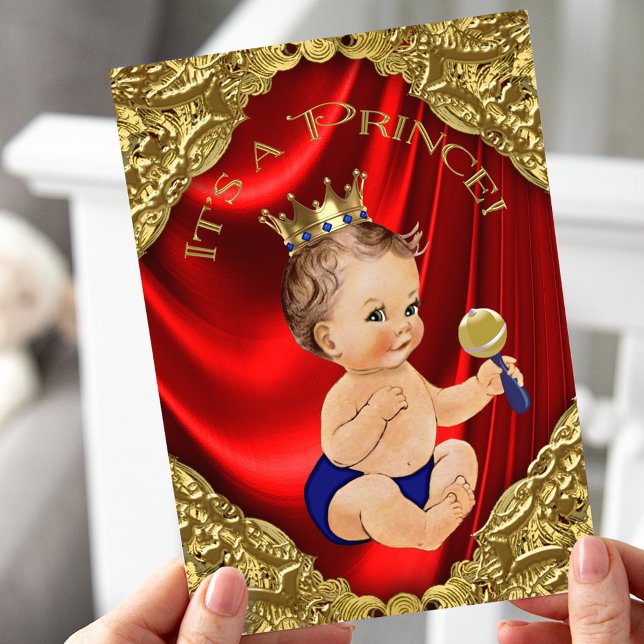 Red Royal Blue Gold Satin Prince Baby Shower Invitation (Creator Uploaded)
