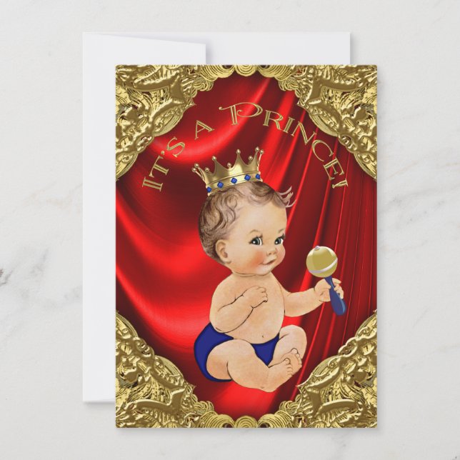 Red Royal Blue Gold Satin Prince Baby Shower Invitation (Front)